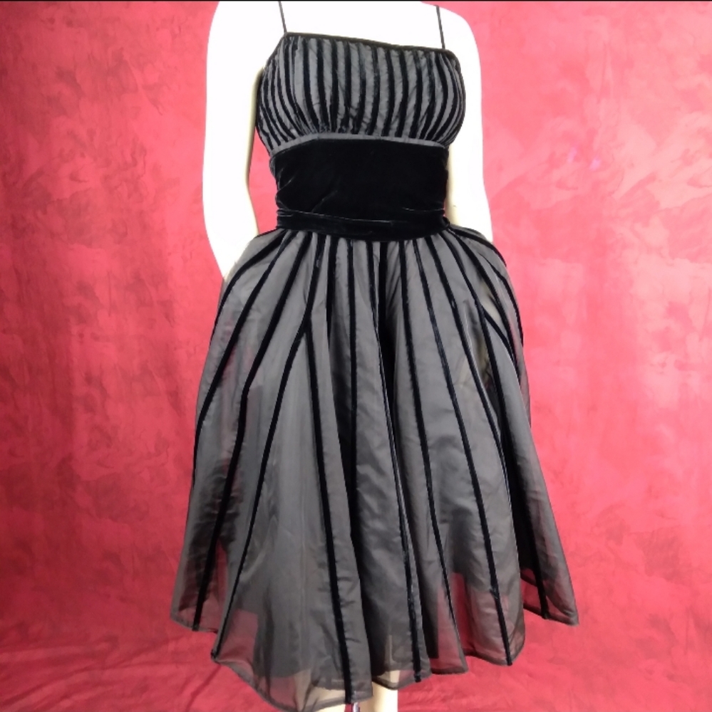 1960's vintage black organza mid length formal gown